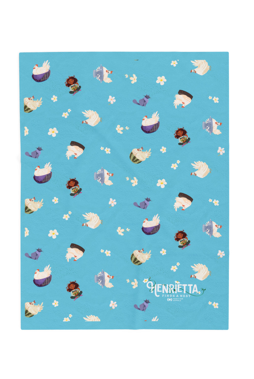 Patterned velveteen blanket with chicken, cat, and little girl cartoon characters and flowers on a blue background