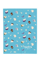 Patterned velveteen blanket with chicken, cat, and little girl cartoon characters and flowers on a blue background