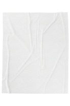 Back of patterned childrens velveteen blanket with chicken, cat, and little girl cartoon characters and flowers on a blue background