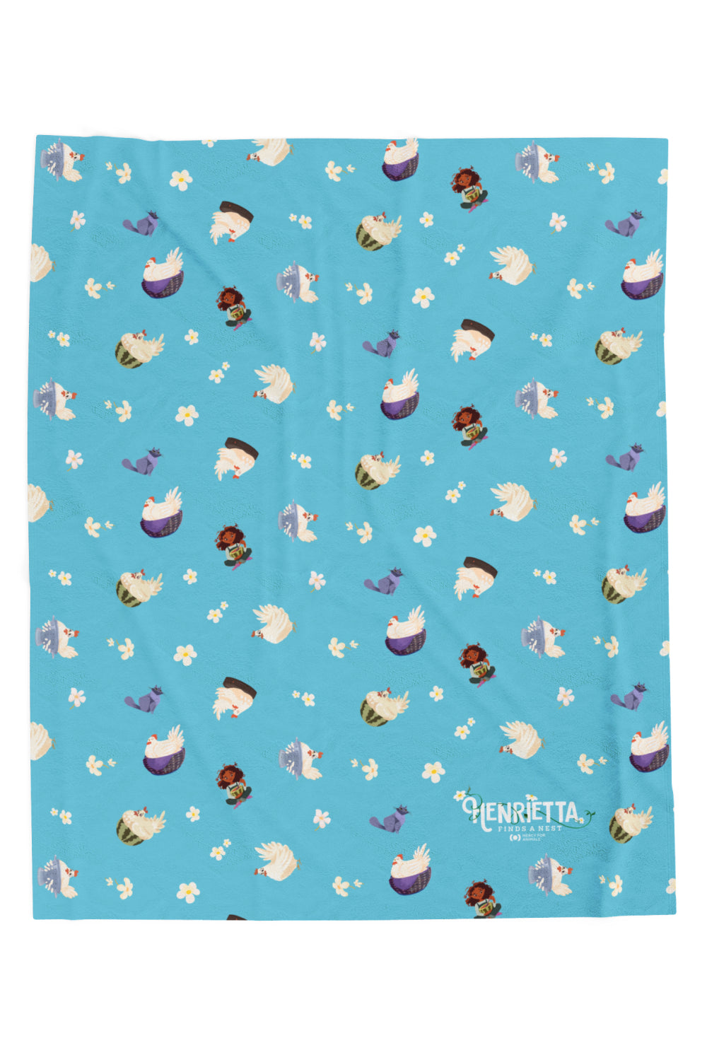 Patterned childrens velveteen blanket with chicken, cat, and little girl cartoon characters and flowers on a blue background