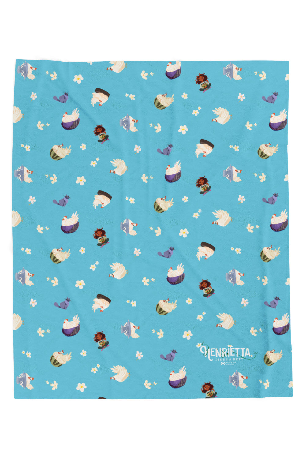 Patterned childrens velveteen blanket with chicken, cat, and little girl cartoon characters and flowers on a blue background