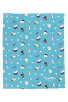 Patterned childrens velveteen blanket with chicken, cat, and little girl cartoon characters and flowers on a blue background