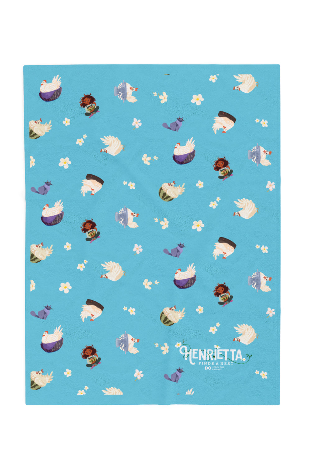 Patterned velveteen blanket with chicken, cat, and little girl cartoon characters and flowers on a blue background